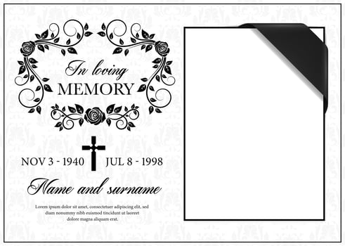 Funeral card, vintage condolence vector frame