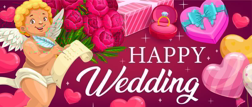 Happy wedding, pink balloons, hearts and flowers vector