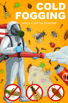 Pest control worker, pesticide spray and insects vector