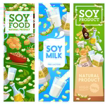 Soy beans, milk and oil, soybean sauce, miso, tofu vector
