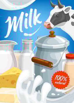 Milk, cow and dairy products, cheese and butter vector