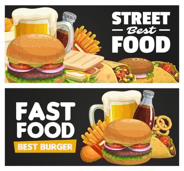 Fast food meals and snacks vector banner