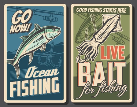 Fishing retro posters, tuna fish and squid catch vector