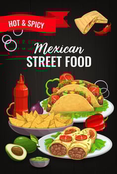 Mexican cuisine food, Mexico dishes taco, burrito vector