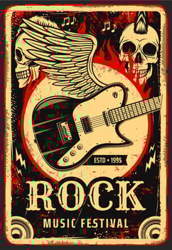 Rock music poster, skull and electric guitar wings vector