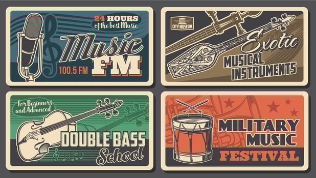 Music instruments posters, concert live festival vector
