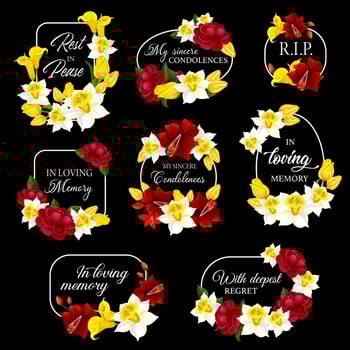 Funeral frames and obituary card borders, flowers vector