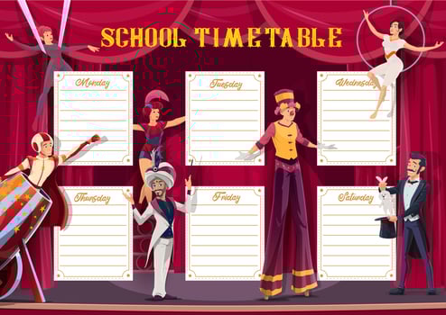 School timetable weekly planner, circus show vector