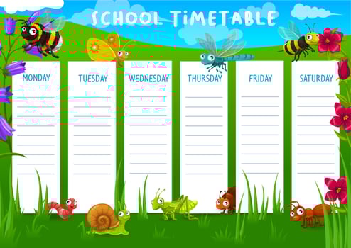 School timetable with meadow and insects vector