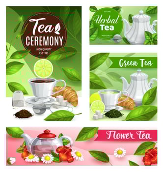 Tea vector posters with cup, teapot and flowers