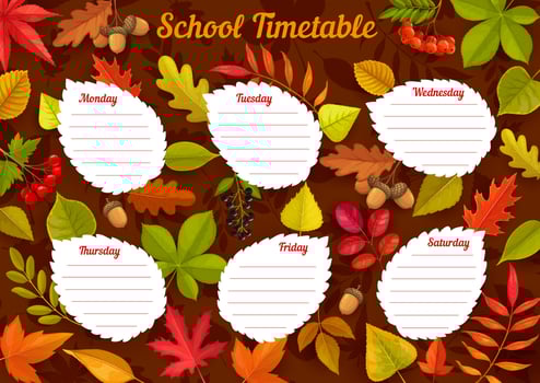 School timetable with autumn leaves, week schedule vector