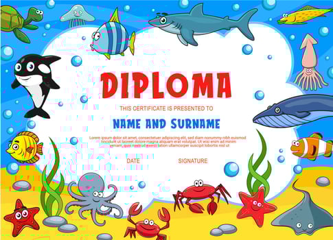 Education diploma for school underwater animals vector