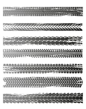 Tire tracks grunge prints, tyre wheels pattern vector