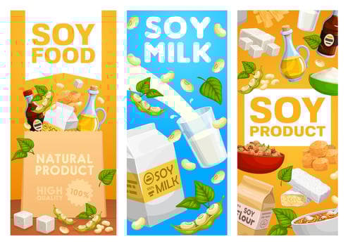 Soy food products, vegetarian milk vector posters