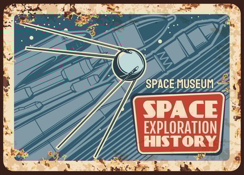 Space museum vector rusty metal plate. Rocket fly