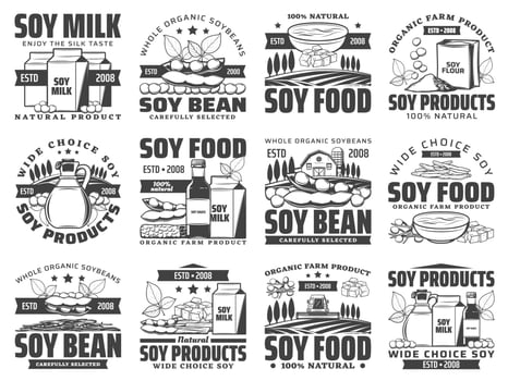 Natural soybean food products engraved icons set vector