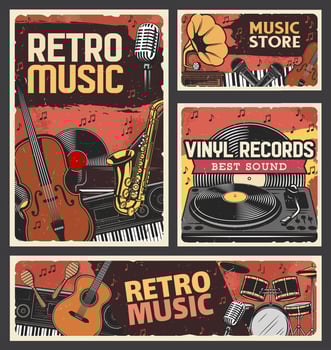 Retro music, music store and vinyl records banner vector