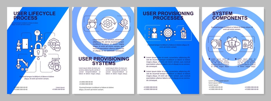 Software for user provisioning blue brochure template. Facility. Leaflet design with linear icons. Editable 4 vector layouts for presentation, annual reports