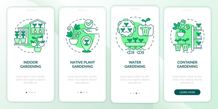 Gardening types green onboarding mobile app screen. Planting walkthrough 4 steps editable graphic instructions with linear concepts. UI, UX, GUI template vector