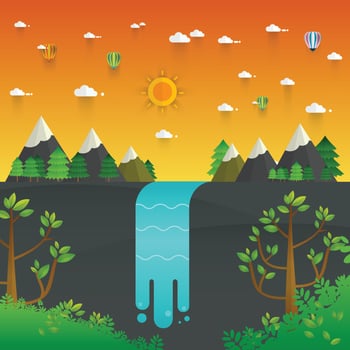 Landscape illustration. Mountain river, waterfall vector