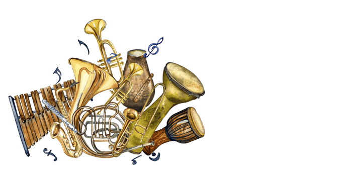 Composition of wind musical instruments and drums watercolor illustration isolated. Djembe, horn, flute, tuba, sax, xylophone hand drawn. Design element for flyer, concert events, brochure, poster. png