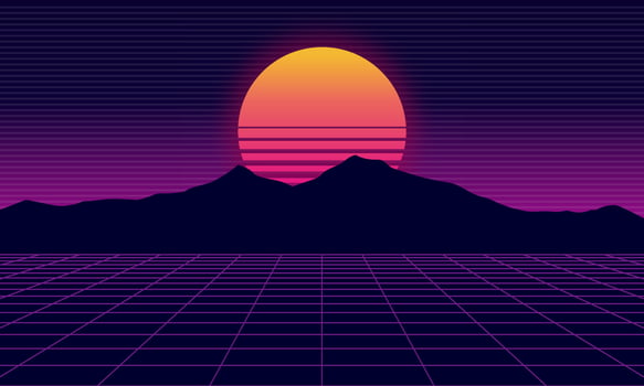 Vaporwave futuristic 80's landscape and sun on background with 3D grid vector