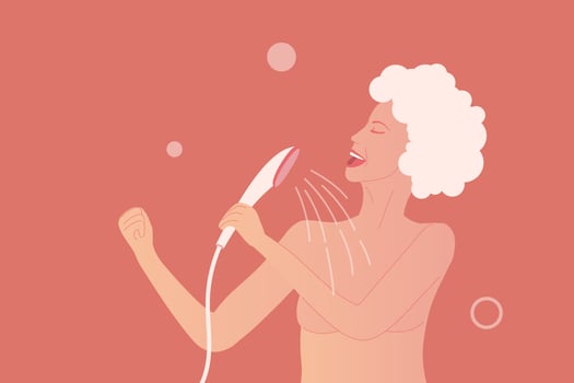 Young woman sings at the shower like a rock star pose vector