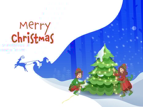 Cheerful Kids Decorated Xmas Tree From Lighting Garland On Blue And White Background For Merry Christmas Celebration. vector
