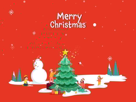Merry Christmas Poster Design With Decorative Xmas Tree, Cheerful Kids, Cartoon Snowman And Snowfall On Red Background. vector