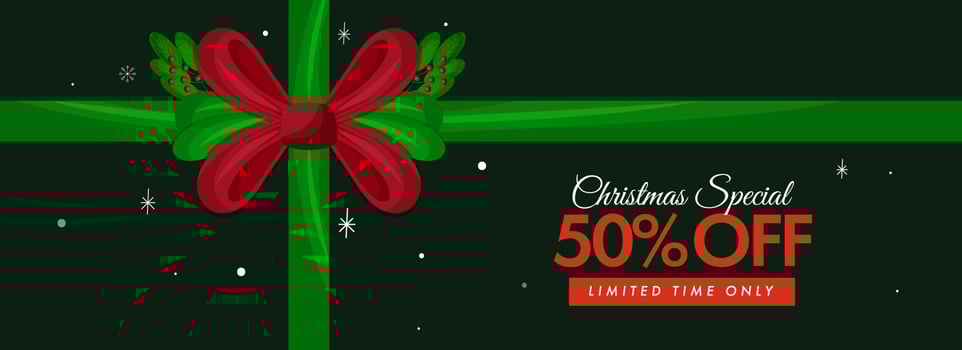 Christmas Sale Banner Or Header Closed With Bow Ribbons And Discount Offer In Green Color. vector