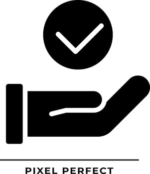 Hand with check mark black glyph icon. Palm holding tick. Making right decision. Choice approvement. Silhouette symbol on white space. Solid pictogram. Vector isolated illustration
