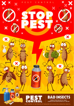 Pest control poster or flyer with funny cockroach vector