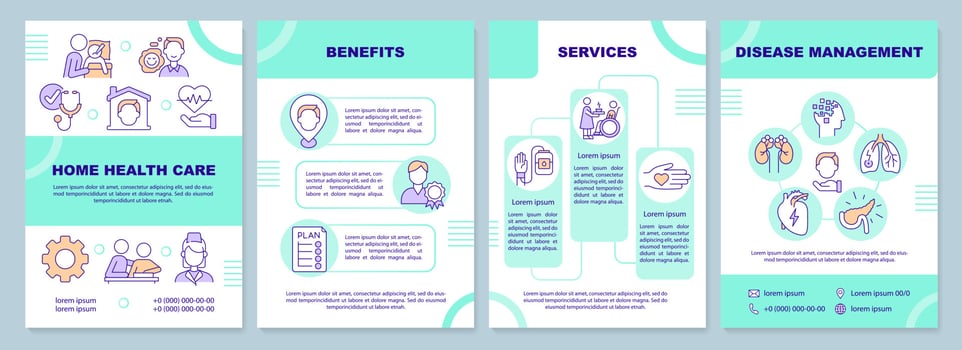 Home health care turquoise brochure template. Leaflet design with linear icons. Editable 4 vector layouts for presentation, annual reports
