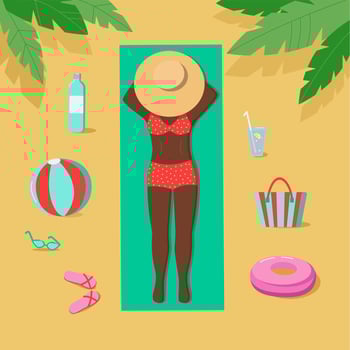 Girl with dark skin, young black Woman in a hat and a swimsuit.   sunbathing on the beach. Vacation by the sea, ocean, palm tree, Plants, leaves, decor.  Vector. Beach accessories, woman. vector