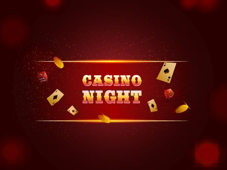 Casino Night Text With Golden Playing Cards, Coins And Dice On Particles Red Background. vector
