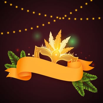 Golden Party Mask With Spruce Leaves, Ribbon And Lighting Garland Decorated On Brown Background. vector