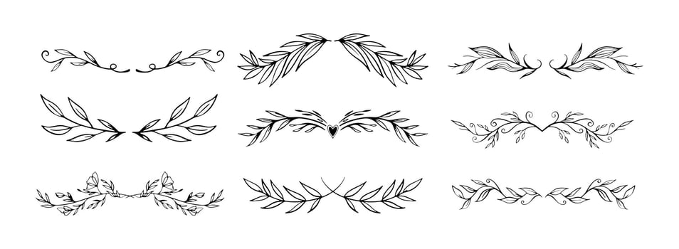 Collection of floral and leaves line art isolated on white background. Divider doodle leaf and flowers, nature border decorative element vector illustration