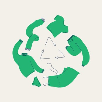 Recycling of clothes, textiles. Various wear - men's and women's are circling around the recycling icon. Vector illustration of the concept of conscious consumption, reuse and donation.
