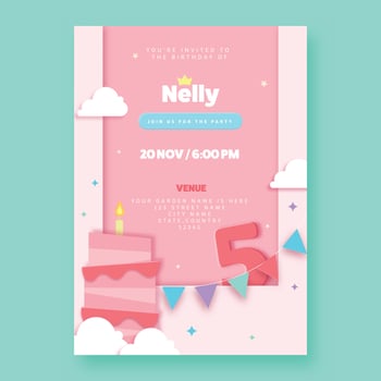 Birthday Card Template Design With Delicious Cake And Venus Details On Pink Background. vector