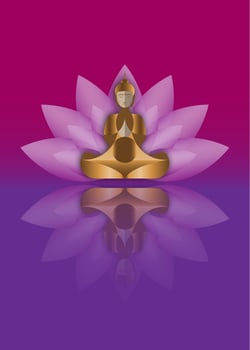 Happy Buddha Purnima Vesak, Buddhist festival, Golden Buddha sitting on a lotus flower in meditation. Vector illustration isolated on purple background