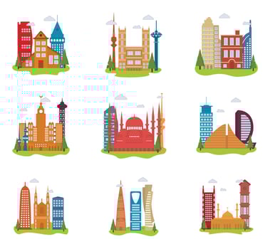 Vector illustrations of flat style cartoon architecture with different types of buildings set