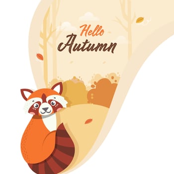 Hello Autumn Celebration Background With Cartoon Raccoon. vector