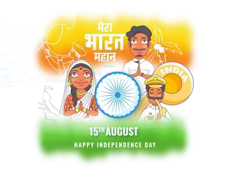Indian Tricolor Blurred Background with Ashoka Wheel, Sketching Coconut Tree, Tutari Sringa, Sousaphone Player and Cartoon Couple Doing Namaste for Independence Day Concept. vector