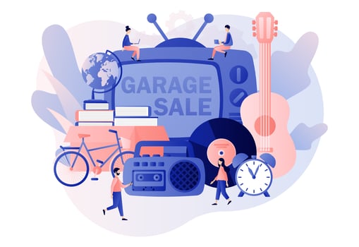 Flea market. Garage sale online. Yard sale. Tiny sellers and customers. Vintage goods or rag fair. Bazaar. Modern flat cartoon style. Vector illustration on white background