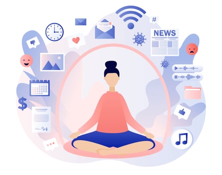 Information detox. Digital detox. Dome filter protects woman from unnecessary information. Information overload concept. Meditation. Modern flat cartoon style. Vector illustration on white background