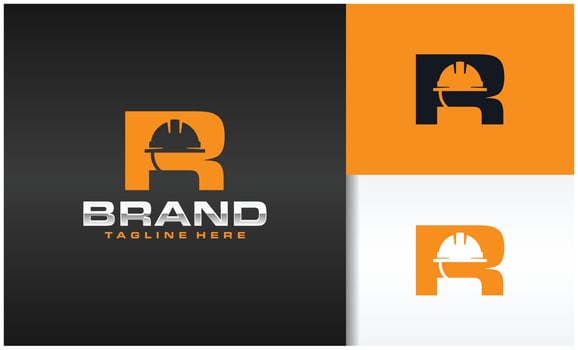 letter R logo with construction helmet silhouette vector