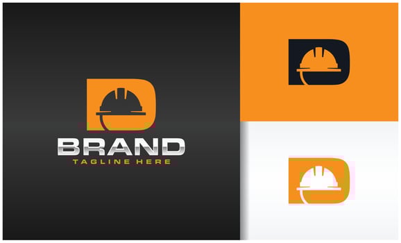 letter D logo with construction helmet silhouette vector