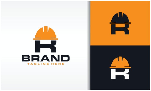letter R logo with construction helmet silhouette vector