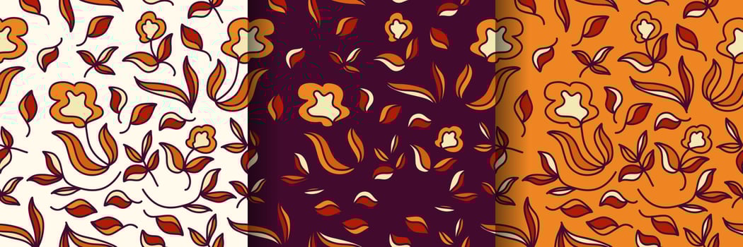 Seamless Floral Pattern with Cartoon Style in Three Background Variations. Flower Motif. Suitable for Wallpaper, Wrapping Paper, Background, Fabric, Textile, Apparel, and Card Design vector