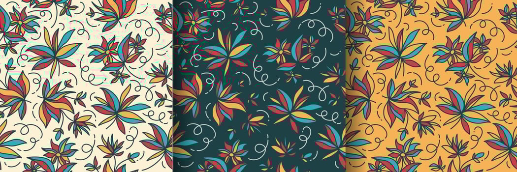 Seamless Floral Pattern with Cartoon Style in Three Background Variations. Flower Motif. Suitable for Wallpaper, Wrapping Paper, Background, Fabric, Textile, Apparel, and Card Design vector